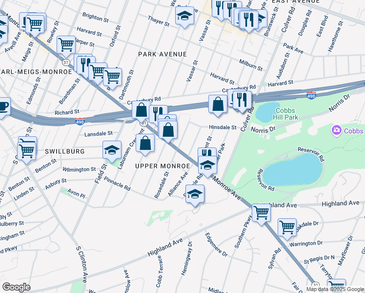 map of restaurants, bars, coffee shops, grocery stores, and more near 1024 Monroe Avenue in Rochester