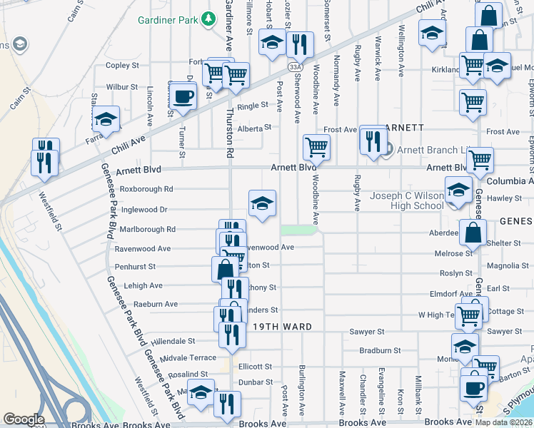 map of restaurants, bars, coffee shops, grocery stores, and more near 94 Colgate Street in Rochester