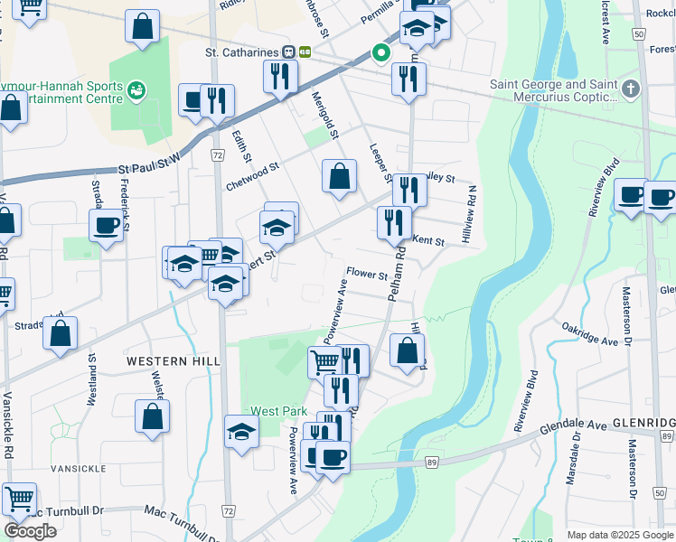 map of restaurants, bars, coffee shops, grocery stores, and more near 101 Powerview Avenue in St. Catharines