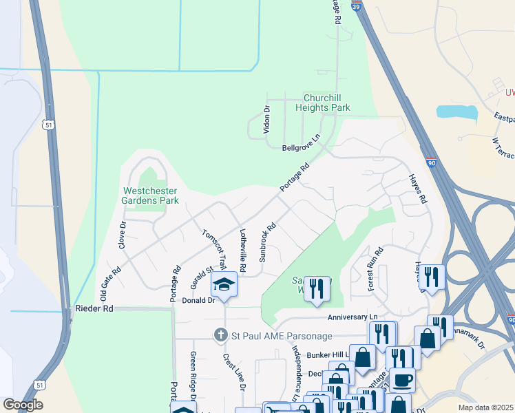 map of restaurants, bars, coffee shops, grocery stores, and more near 3607 Portage Road in Madison