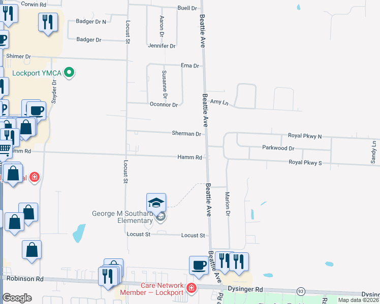 map of restaurants, bars, coffee shops, grocery stores, and more near 6425 Hamm Road in Lockport
