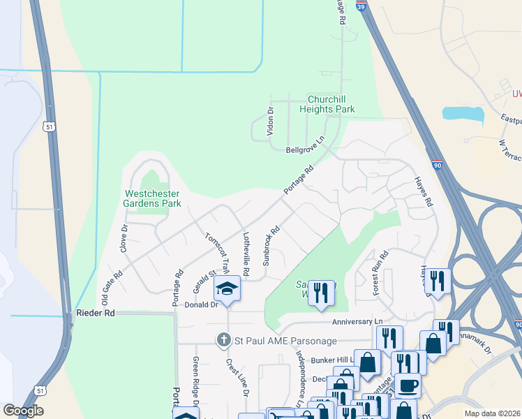 map of restaurants, bars, coffee shops, grocery stores, and more near 3602 Portage Road in Madison