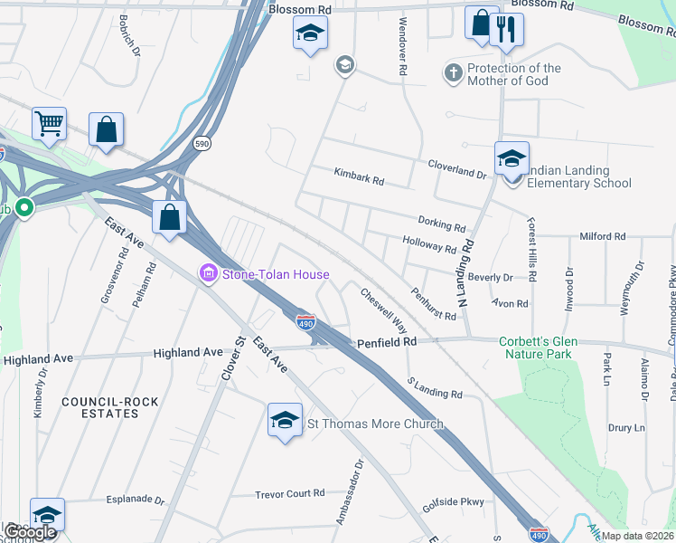 map of restaurants, bars, coffee shops, grocery stores, and more near 106 Greenaway Road in Rochester