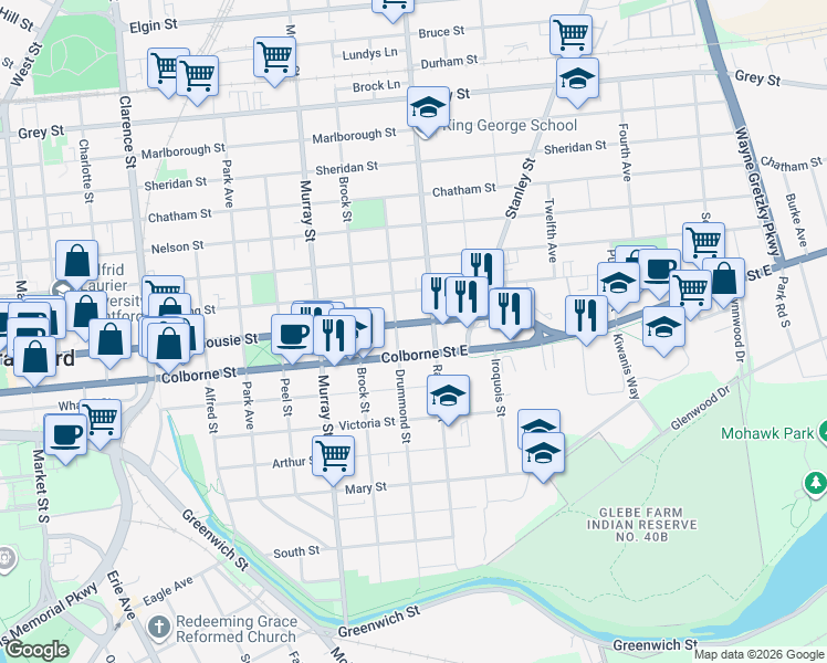 map of restaurants, bars, coffee shops, grocery stores, and more near 345 Dalhousie Street in Brantford