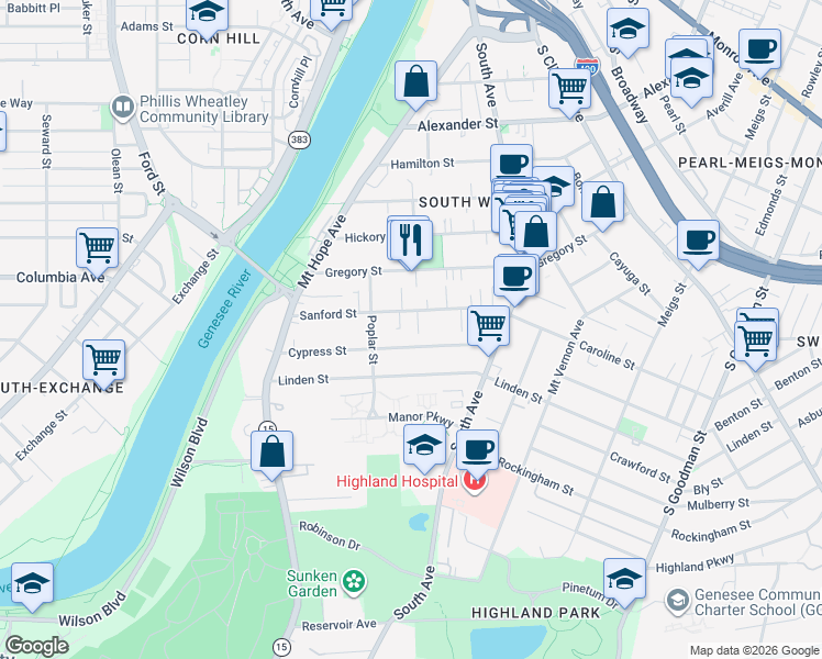 map of restaurants, bars, coffee shops, grocery stores, and more near 198 Cypress Street in Rochester