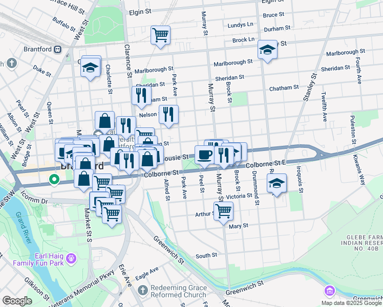 map of restaurants, bars, coffee shops, grocery stores, and more near 260 Dalhousie Street in Brantford