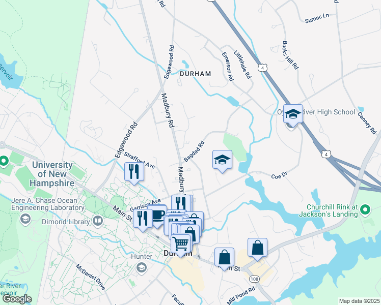 map of restaurants, bars, coffee shops, grocery stores, and more near 7 Bagdad Road in Durham