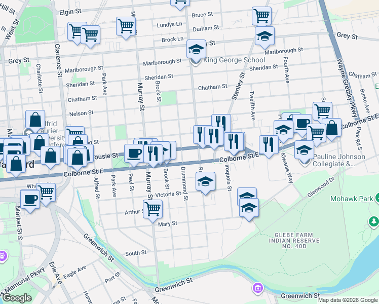 map of restaurants, bars, coffee shops, grocery stores, and more near 345 Dalhousie Street in Brantford