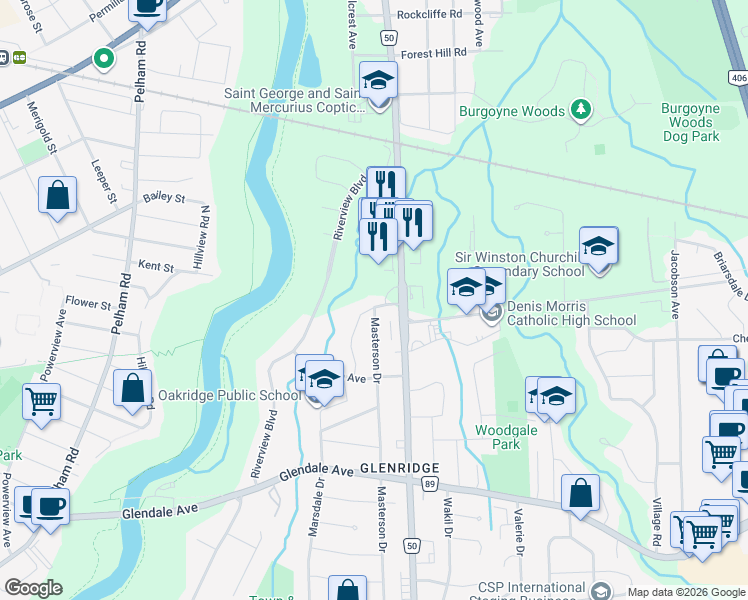 map of restaurants, bars, coffee shops, grocery stores, and more near 10 Belton Boulevard in St. Catharines