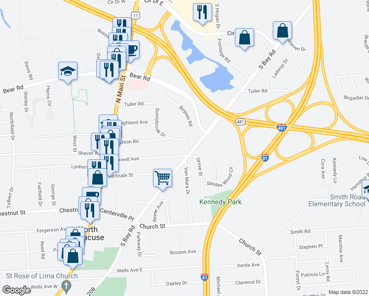 map of restaurants, bars, coffee shops, grocery stores, and more near 208 Watson Road in Syracuse