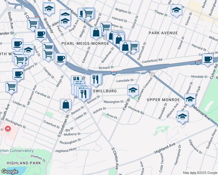 map of restaurants, bars, coffee shops, grocery stores, and more near 124 Henrietta Street in Rochester