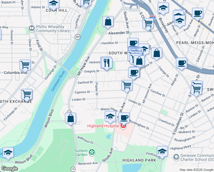 map of restaurants, bars, coffee shops, grocery stores, and more near 198 Cypress Street in Rochester