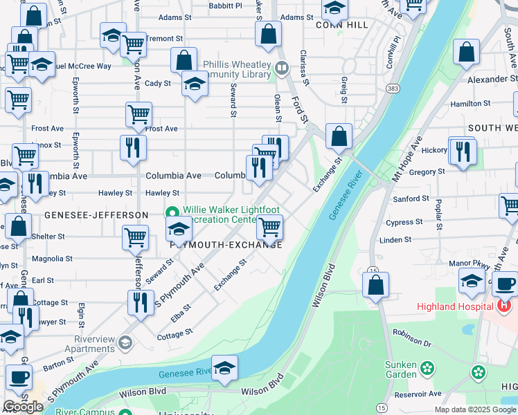 map of restaurants, bars, coffee shops, grocery stores, and more near 822 New York 383 in Rochester