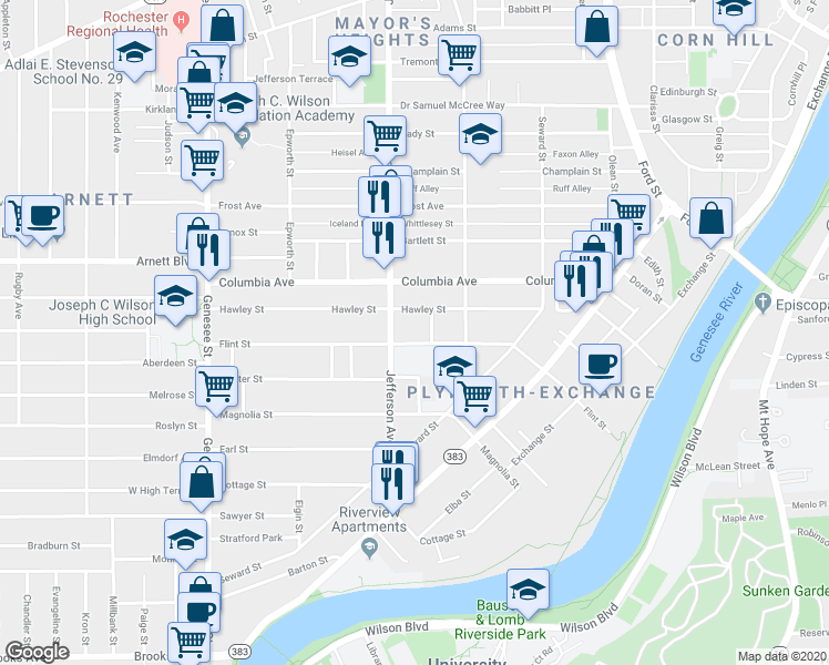 map of restaurants, bars, coffee shops, grocery stores, and more near 310 Flint Street in Rochester