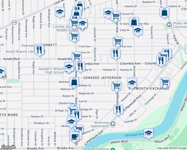 map of restaurants, bars, coffee shops, grocery stores, and more near in Rochester