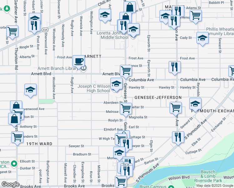 map of restaurants, bars, coffee shops, grocery stores, and more near 501 Genesee Street in Rochester