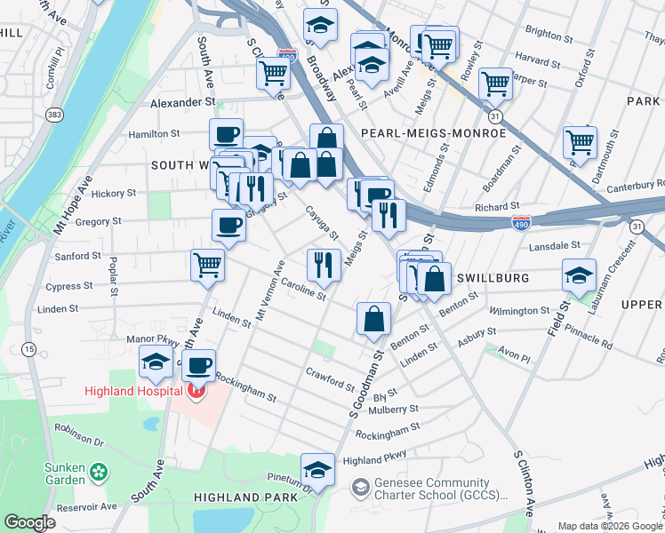 map of restaurants, bars, coffee shops, grocery stores, and more near 745 Meigs Street in Rochester