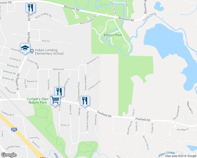 map of restaurants, bars, coffee shops, grocery stores, and more near 112 Collingsworth Drive in Rochester
