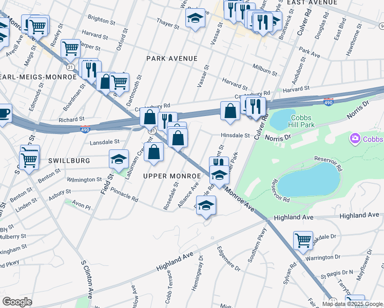 map of restaurants, bars, coffee shops, grocery stores, and more near 230 Rosedale Street in Rochester