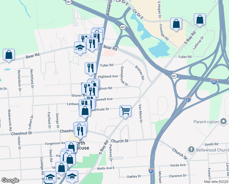 map of restaurants, bars, coffee shops, grocery stores, and more near 116 1/2 Watson Rd in Syracuse