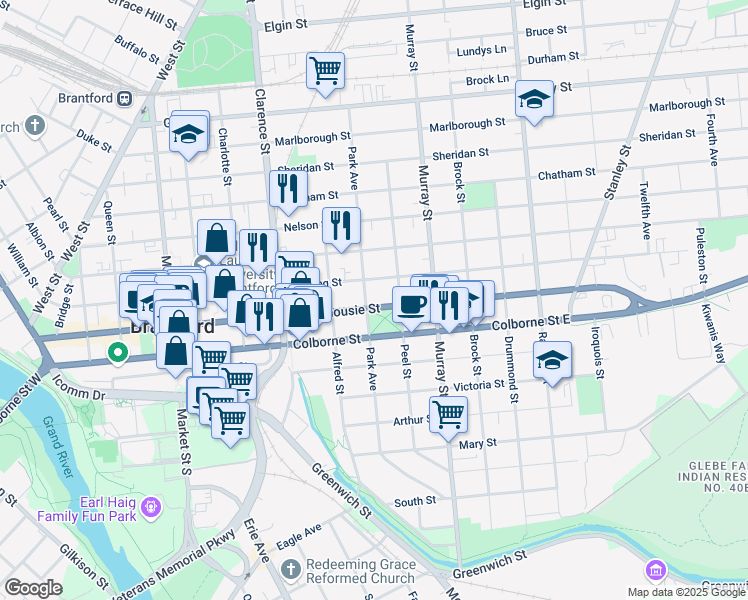 map of restaurants, bars, coffee shops, grocery stores, and more near 260 Dalhousie Street in Brantford