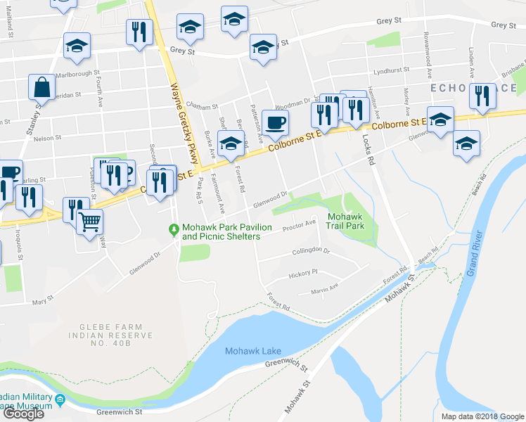 map of restaurants, bars, coffee shops, grocery stores, and more near 57 Glenwood Drive in Brantford
