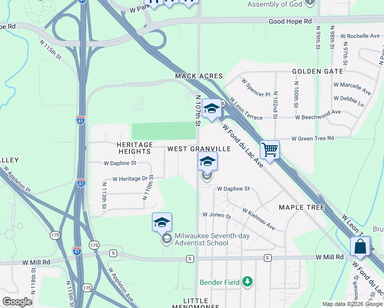 map of restaurants, bars, coffee shops, grocery stores, and more near 6721 North 107th Street in Milwaukee