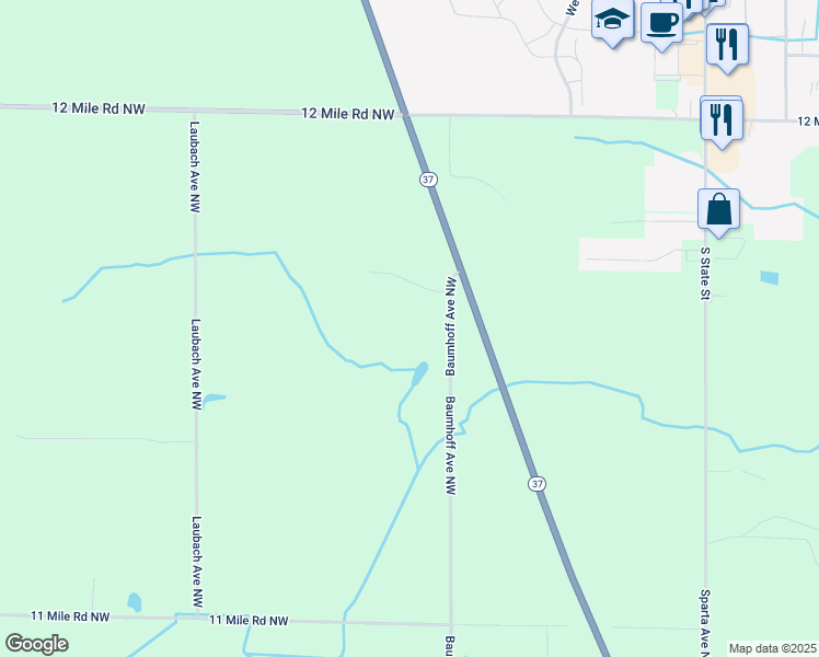 map of restaurants, bars, coffee shops, grocery stores, and more near 9617 Baumhoff Avenue Northwest in Sparta