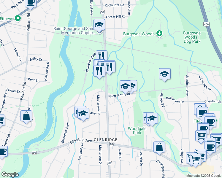 map of restaurants, bars, coffee shops, grocery stores, and more near 221 Glenridge Avenue in Saint Catharines