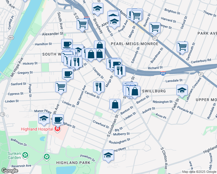 map of restaurants, bars, coffee shops, grocery stores, and more near 724 Meigs Street in Rochester