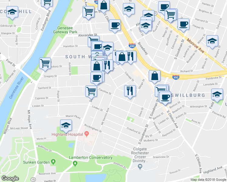 map of restaurants, bars, coffee shops, grocery stores, and more near 103 Mount Vernon Avenue in Rochester