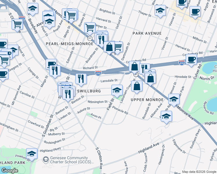 map of restaurants, bars, coffee shops, grocery stores, and more near 226 Henrietta Street in Rochester