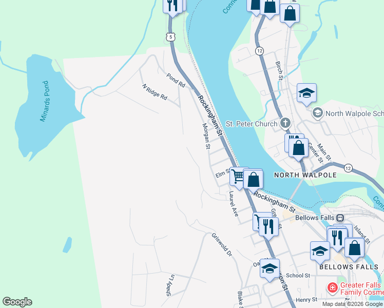 map of restaurants, bars, coffee shops, grocery stores, and more near 61 Hyde Street in Town of Rockingham