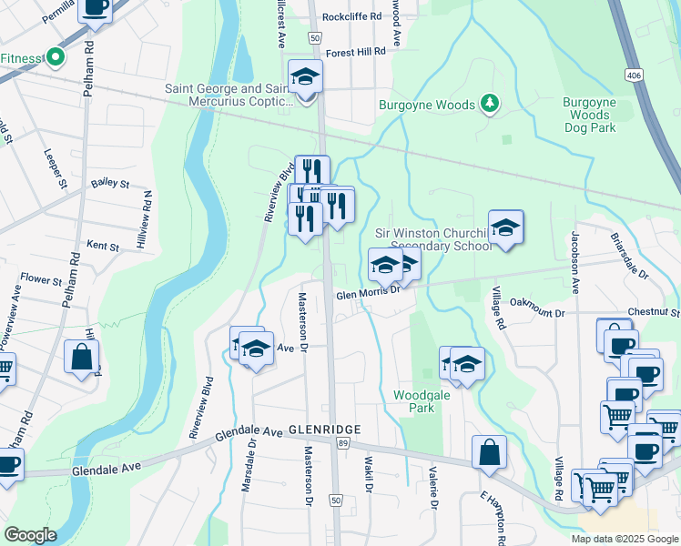 map of restaurants, bars, coffee shops, grocery stores, and more near 221 Glenridge Avenue in St. Catharines
