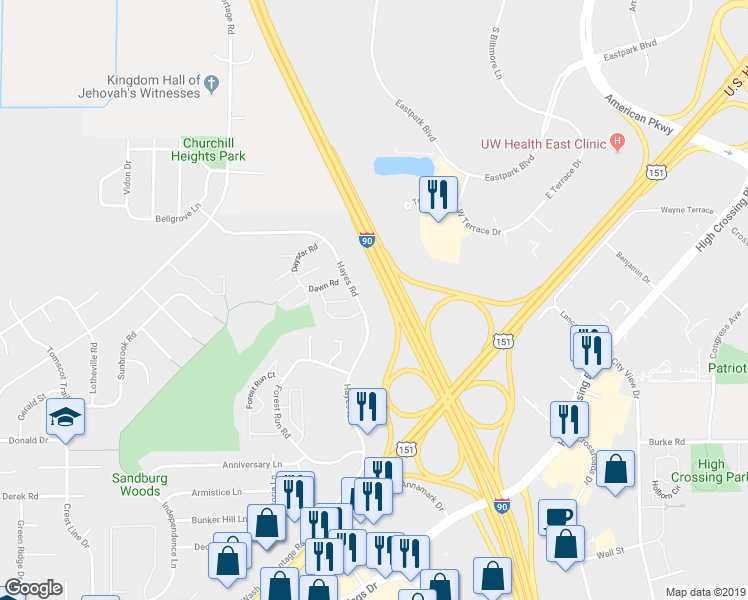 map of restaurants, bars, coffee shops, grocery stores, and more near 4749 Hayes Road in Madison