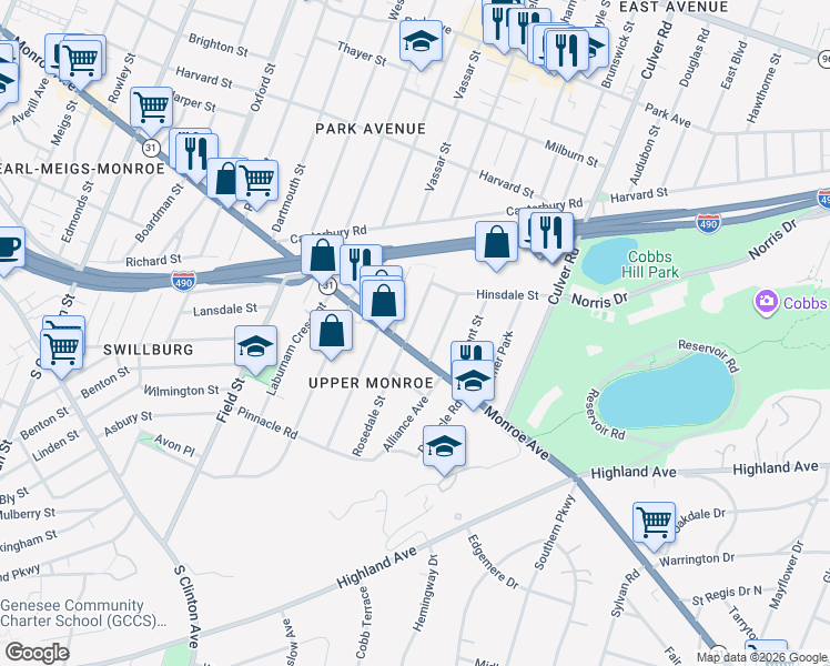 map of restaurants, bars, coffee shops, grocery stores, and more near 236 Rosedale Street in Rochester