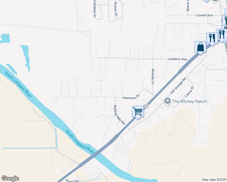 map of restaurants, bars, coffee shops, grocery stores, and more near 359 Rolling Hills Road in Roseburg