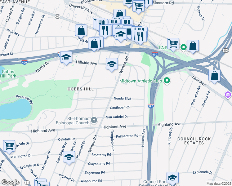 map of restaurants, bars, coffee shops, grocery stores, and more near 222 Nunda Boulevard in Rochester