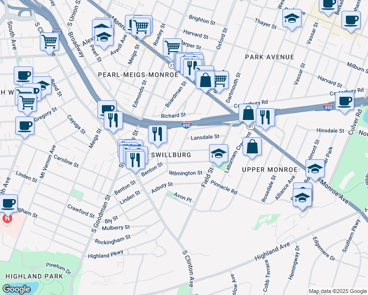 map of restaurants, bars, coffee shops, grocery stores, and more near 179 Henrietta Street in Rochester