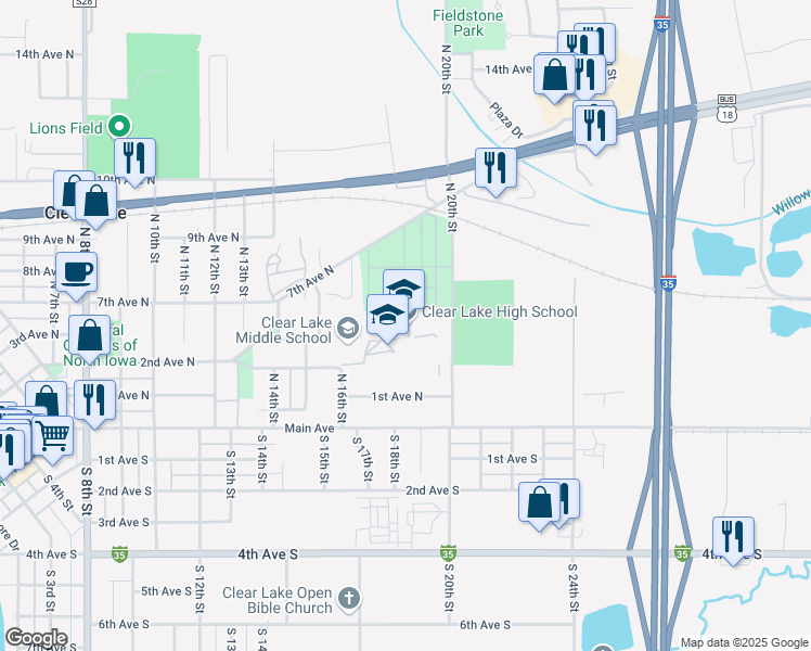 map of restaurants, bars, coffee shops, grocery stores, and more near 125 North 20th Street in Clear Lake