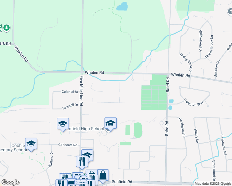map of restaurants, bars, coffee shops, grocery stores, and more near 11 Nevele Creek in Penfield