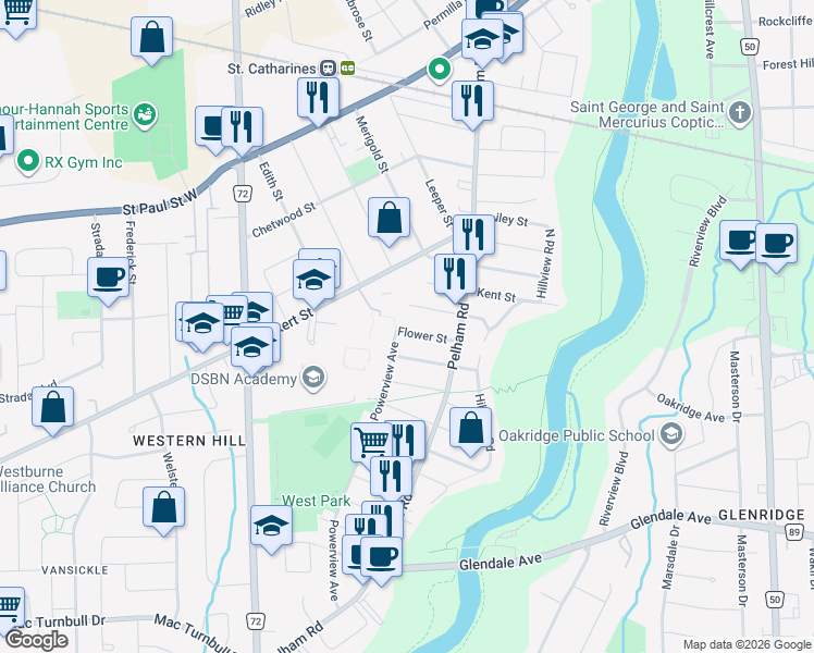 map of restaurants, bars, coffee shops, grocery stores, and more near 26 Flower Street in Saint Catharines