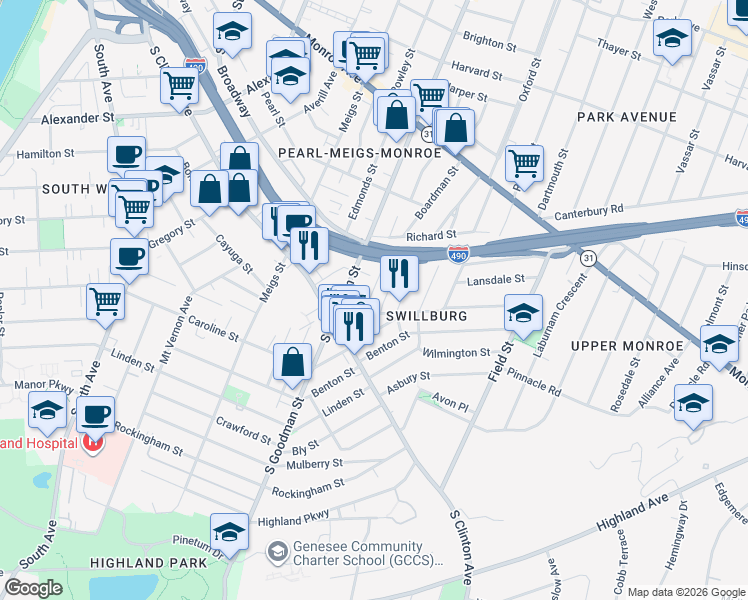 map of restaurants, bars, coffee shops, grocery stores, and more near 30 Henrietta Street in Rochester