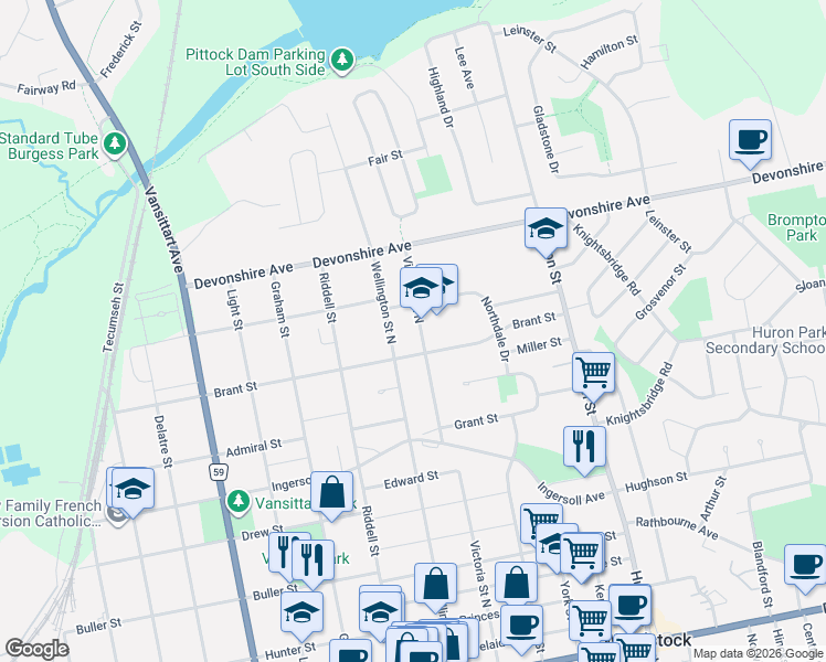 map of restaurants, bars, coffee shops, grocery stores, and more near 291 Victoria Street North in Woodstock