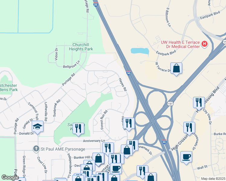 map of restaurants, bars, coffee shops, grocery stores, and more near 1-99 Winterview Court in Madison