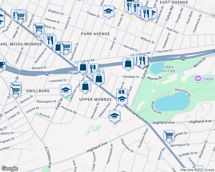 map of restaurants, bars, coffee shops, grocery stores, and more near 224 Rosedale Street in Rochester