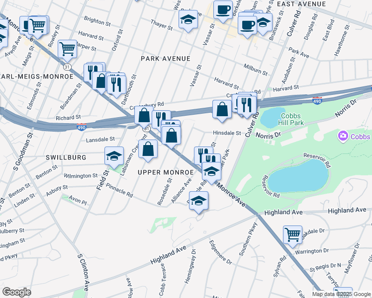 map of restaurants, bars, coffee shops, grocery stores, and more near 240 Rosedale Street in Rochester