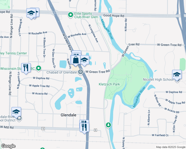 map of restaurants, bars, coffee shops, grocery stores, and more near 1717 West Green Tree Road in Glendale