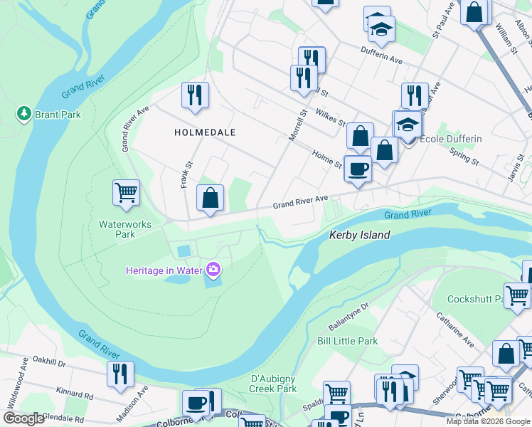 map of restaurants, bars, coffee shops, grocery stores, and more near 312 Grand River Avenue in Brantford