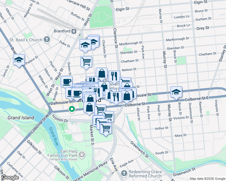 map of restaurants, bars, coffee shops, grocery stores, and more near 135 Darling Street in Brantford